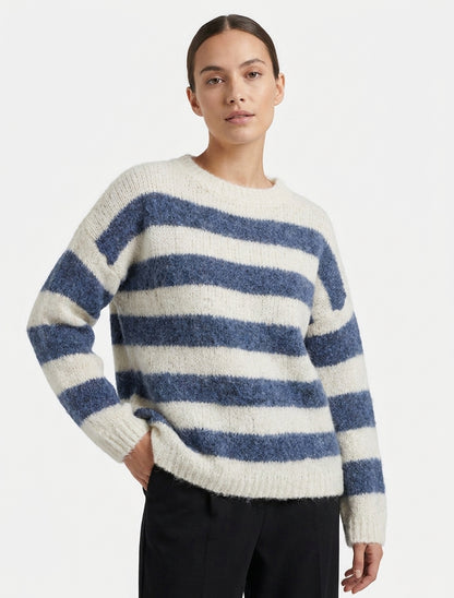 Pull ample col rond en laine - Bleu