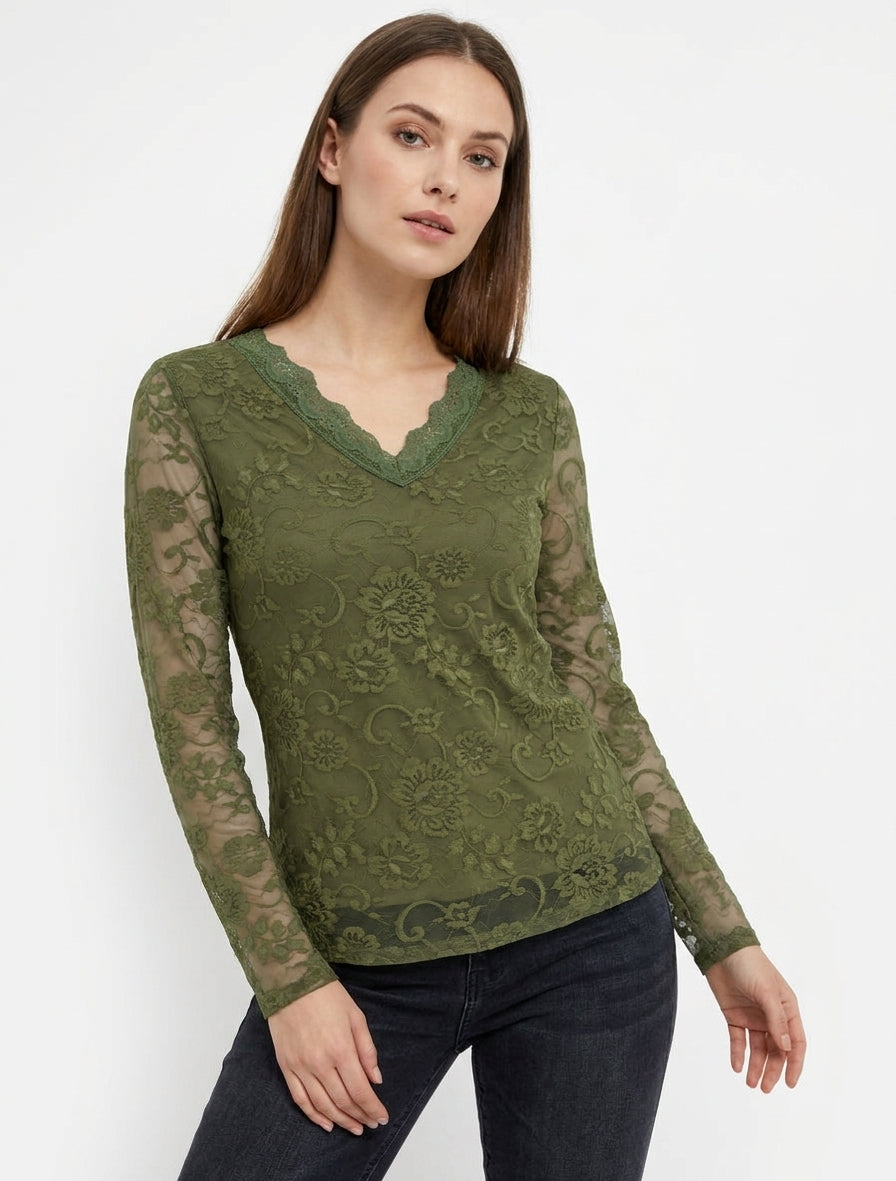 Top en dentelle manches longues - Kaki