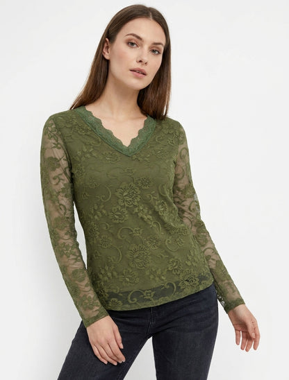 Top en dentelle manches longues - Kaki