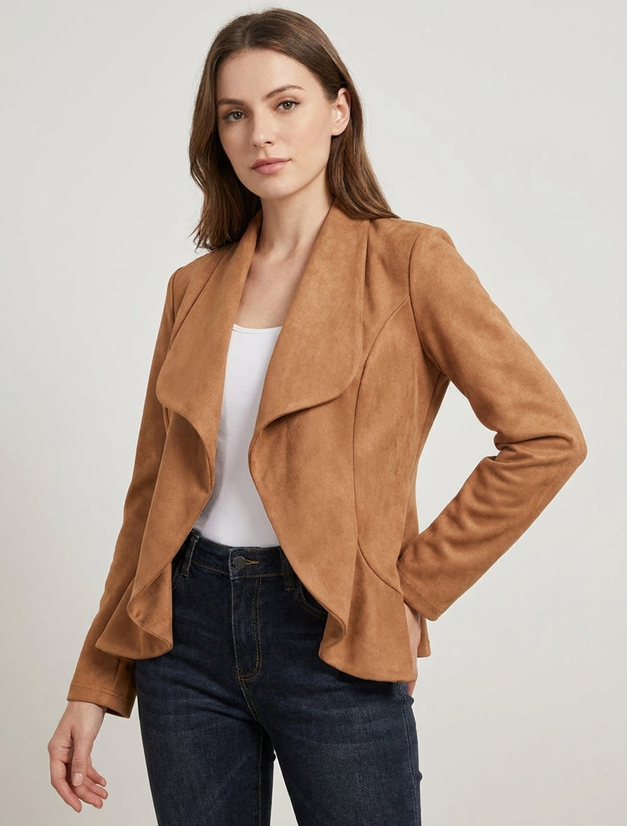 Veste en suédine col châle - Camel