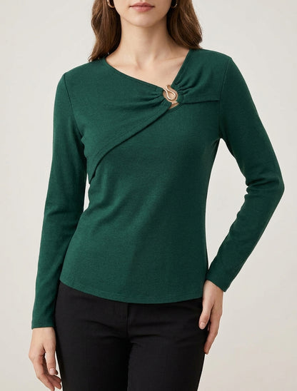 Pull fin droit col froncé bijou - Vert foncé