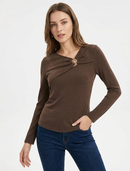 Pull fin col rond bijou torsadé - Marron