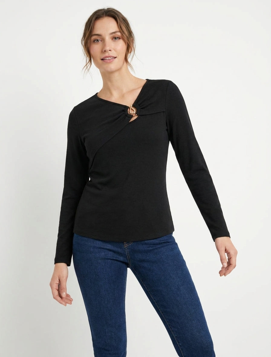 Pull fin col rond bijou torsadé - Noir