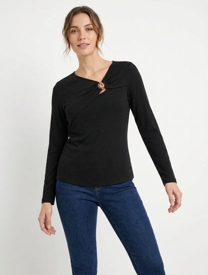 Pull fin col rond bijou torsadé - Noir