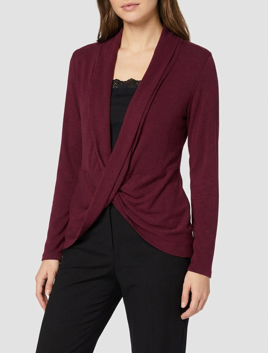 Pull gilet à pans torsadés et dentelle - Bordeaux/noir