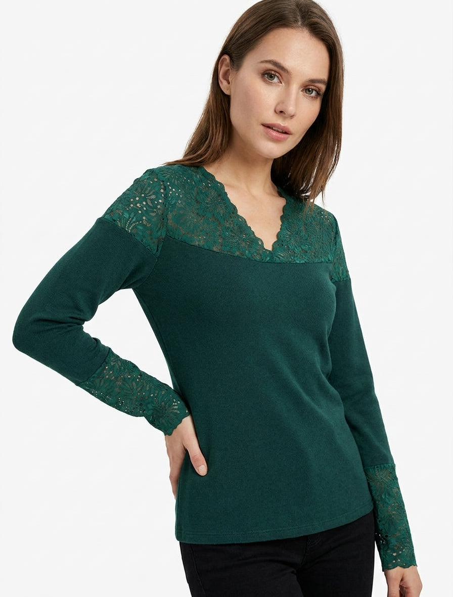 Pull fin col V dentelle - Vert foncé