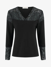 Pull fin à col V et poignets en dentelle - Noir - 1