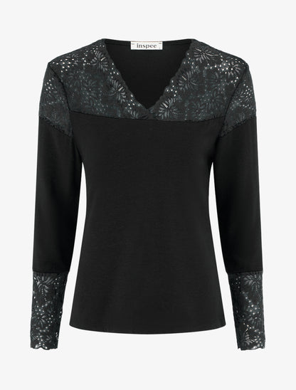 Pull fin à col V et poignets en dentelle - Noir - 1