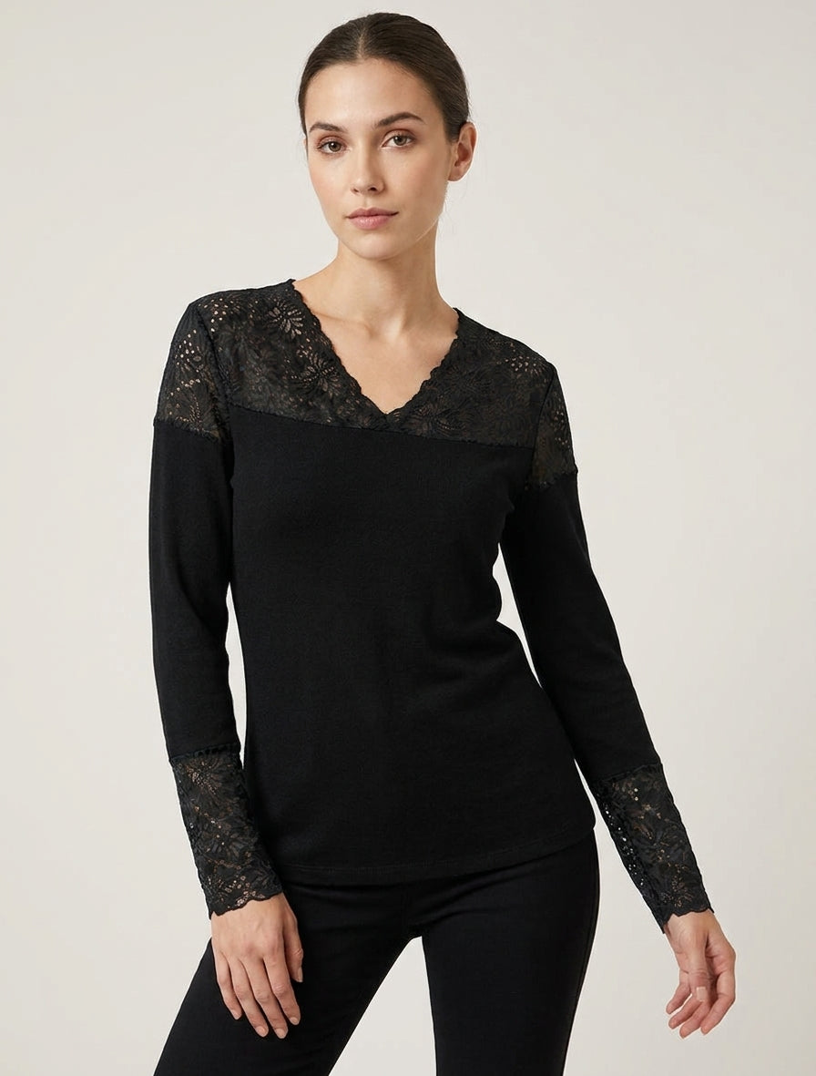 Pull fin dentelle col V - Noir