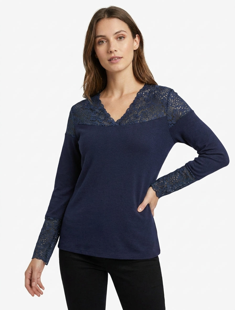 Pull fin dentelle au col et poignets - Marine