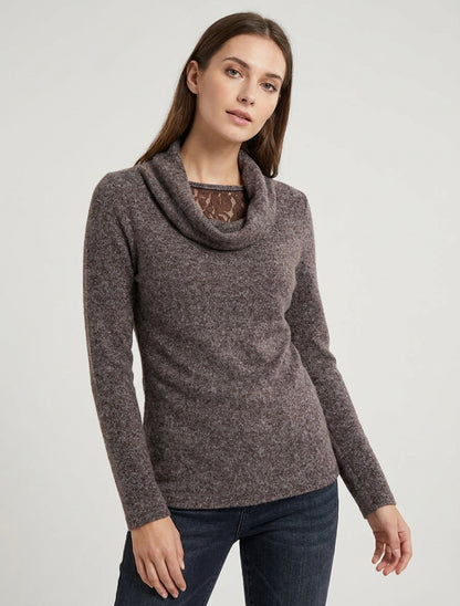 Pull duveteux col bénitier dentelle - Marron