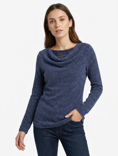Pull duveteux col bénitier dentelle - Bleu