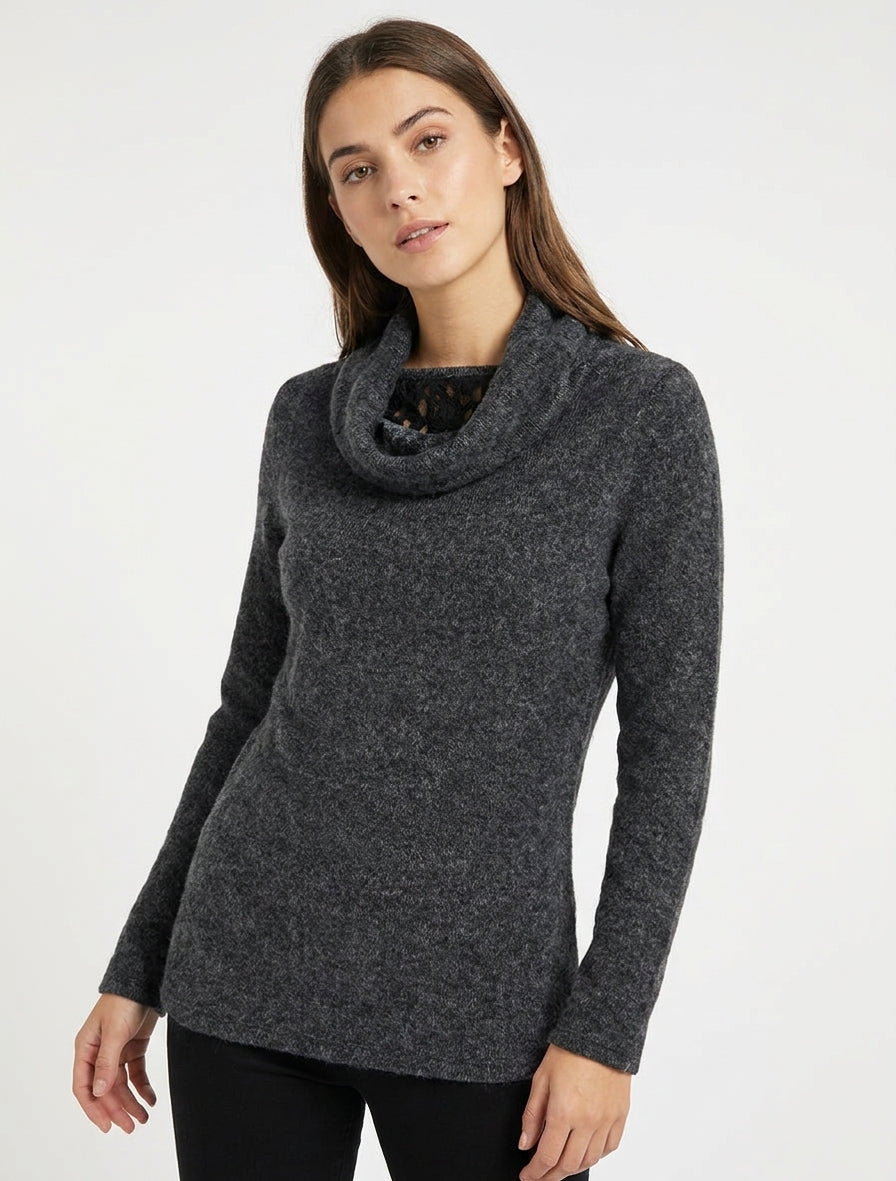 Pull duveteux col bénitier dentelle - Gris foncé