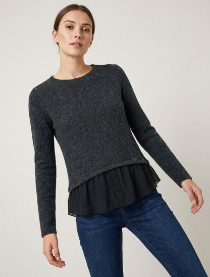 Pull droit duveteux col rond - Gris foncé