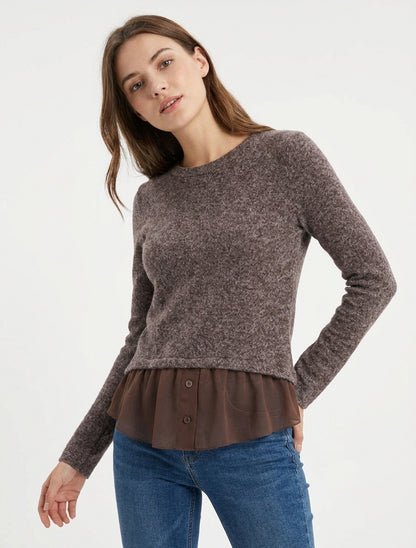Pull droit duveteux col rond - Marron