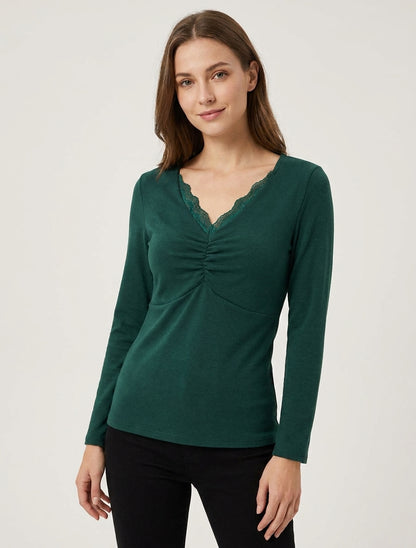 Pull fin col V dentelle plissée - Vert foncé