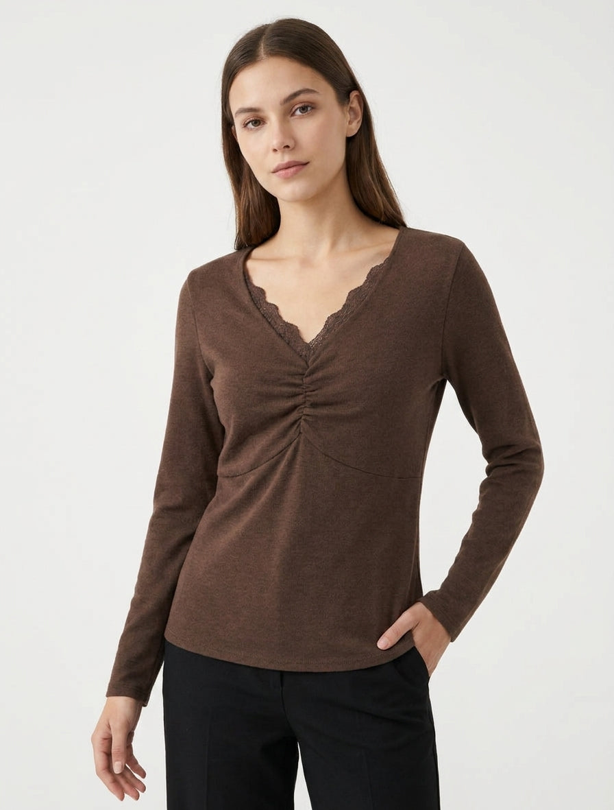 Pull fin à col V orné de dentelle - Marron
