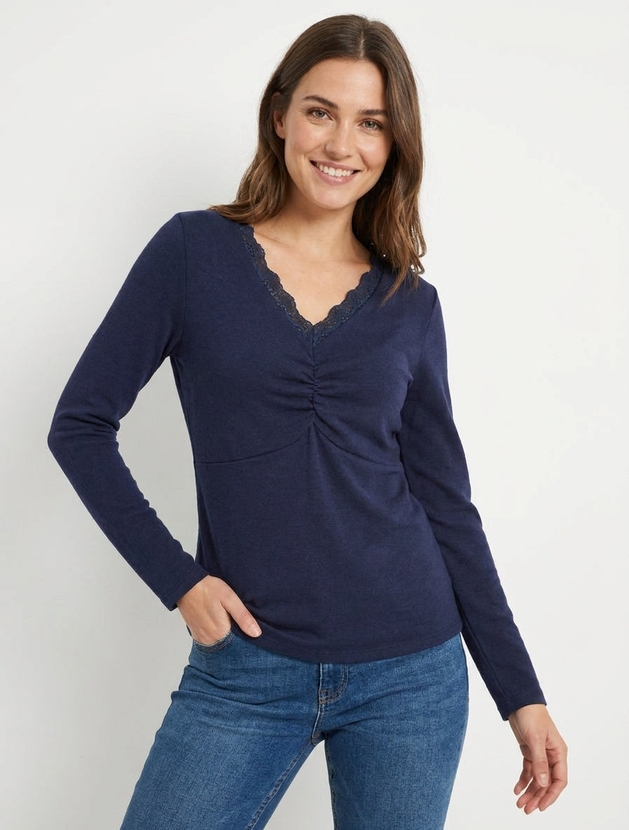 Pull fin à col V plissé - Marine