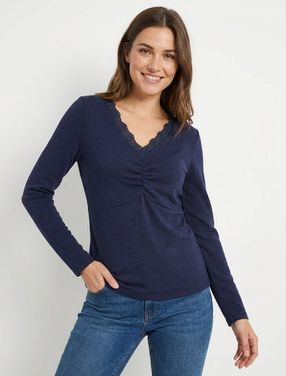 Pull fin à col V plissé - Marine