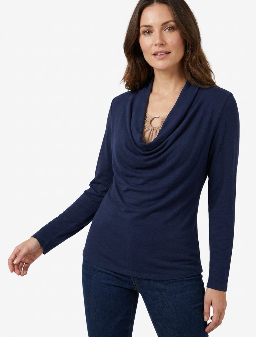 Pull droit col bénitier et bijou - Marine/beige
