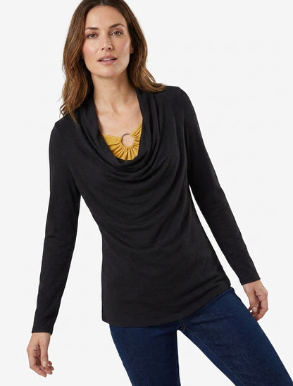 Pull droit col bénitier et bijou - Noir/moutarde