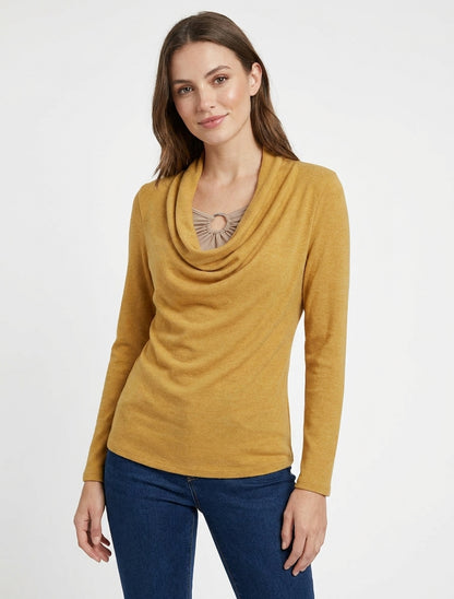 Pull droit col bénitier à bijou - Moutarde/beige