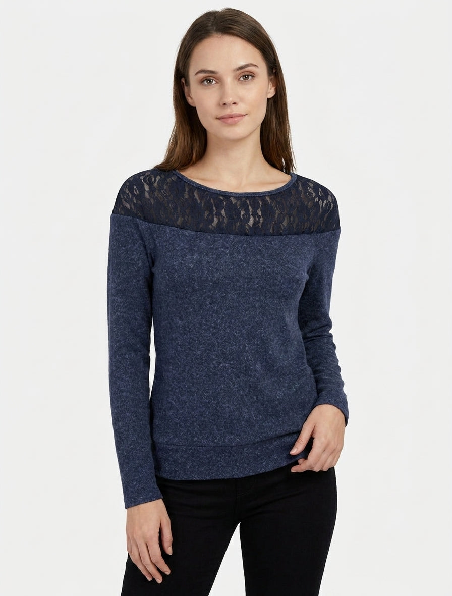 Pull duveteux dentelle transparente - Marine