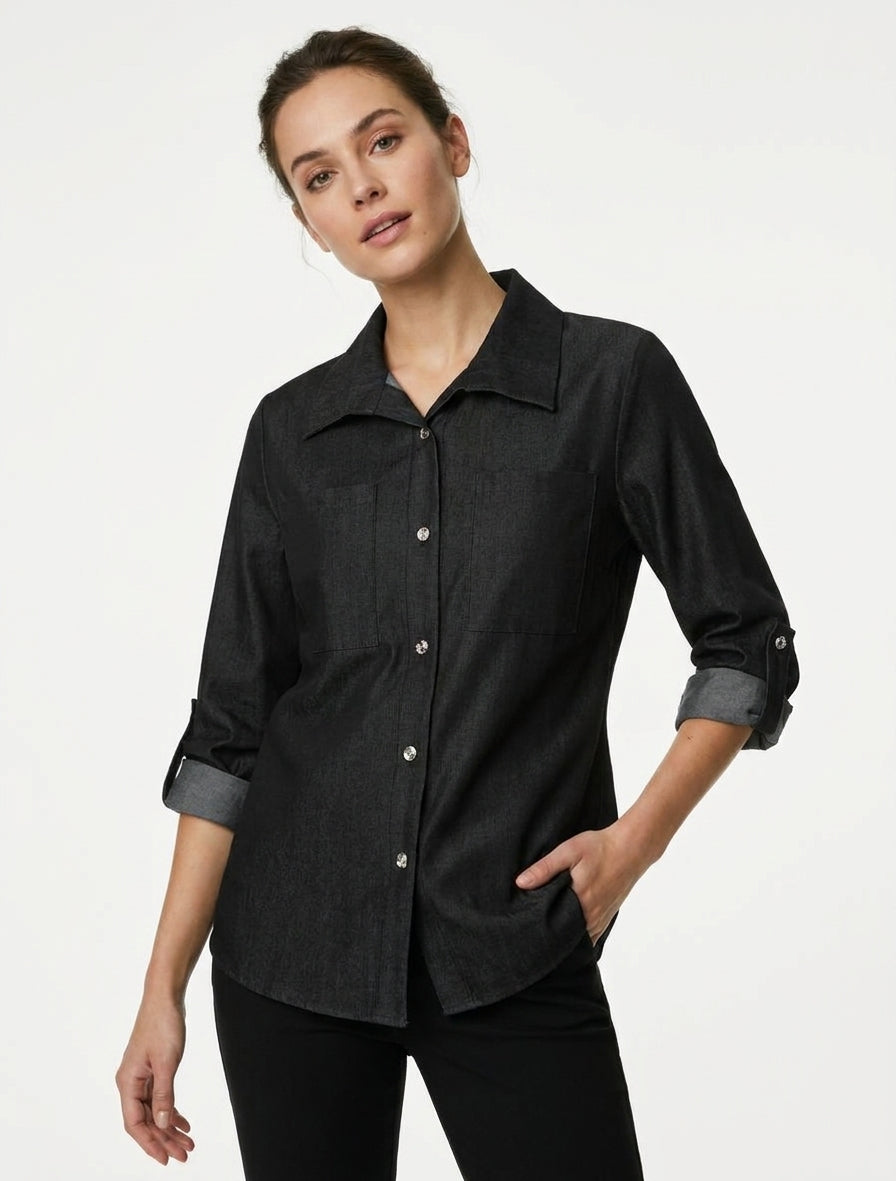 Chemise droite col à pied - Noir