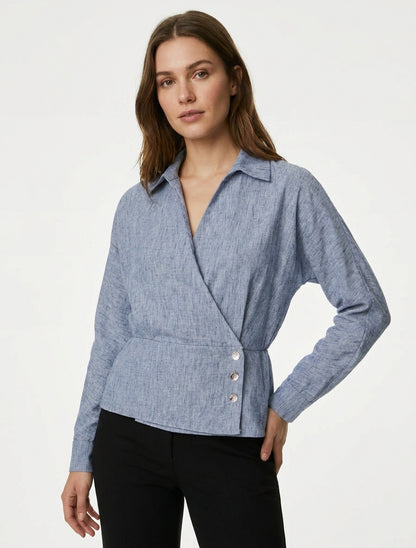 Blouse dos élastiqué à pan boutonné - Bleu chiné