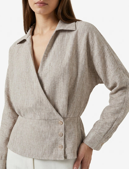 Blouse à col cache-cœur et dos élastiqué - Taupe chiné