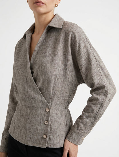 Blouse cache-cœur à dos élastiqué - Marron chiné