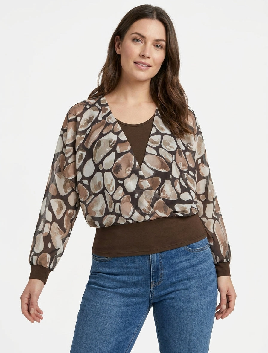 Top voile imprimé manches chauve-souris - Marron