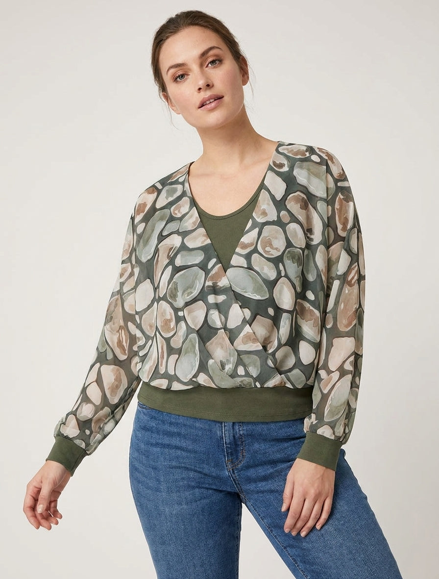 Top voile imprimé manches chauve-souris - Kaki
