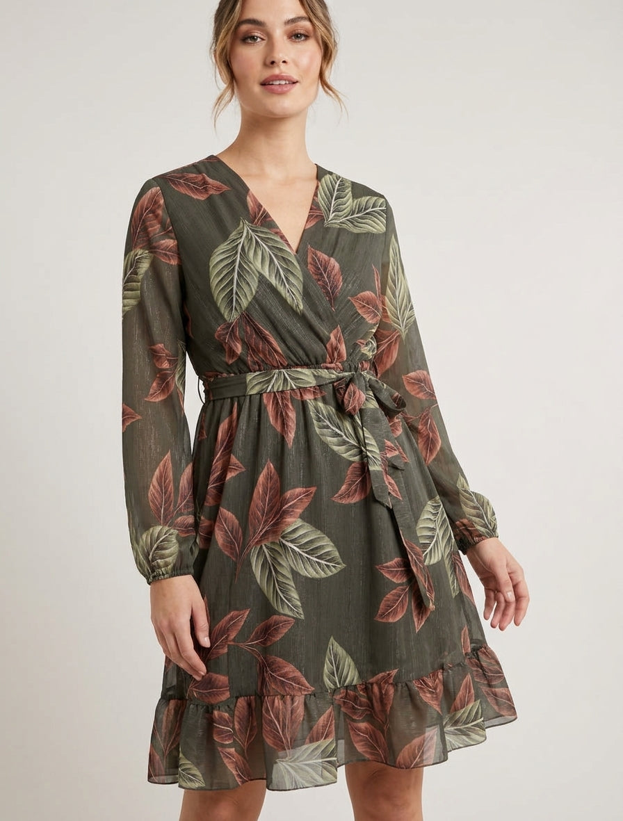Robe irisée cache-cœur à imprimé feuilles - Kaki