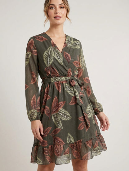 Robe irisée cache-cœur à imprimé feuilles - Kaki