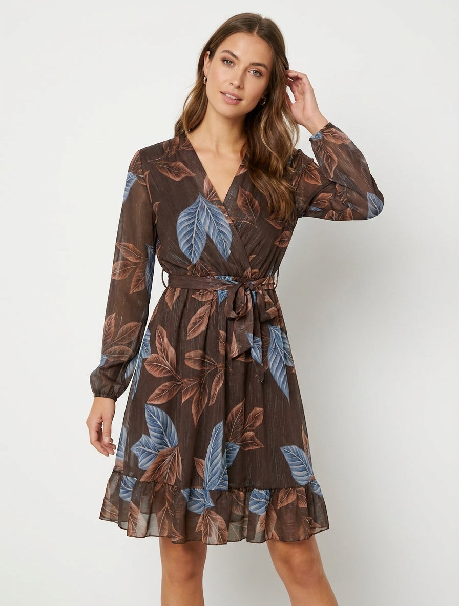 Robe évasée col cache-cœur à ceinture - Marron