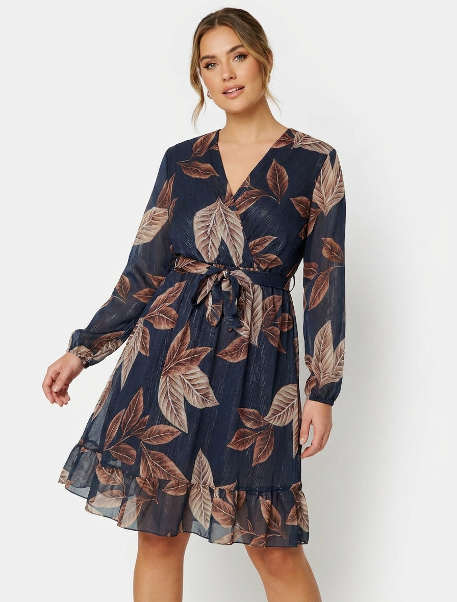 Robe cache-cœur à imprimé feuilles - Bleu nuit