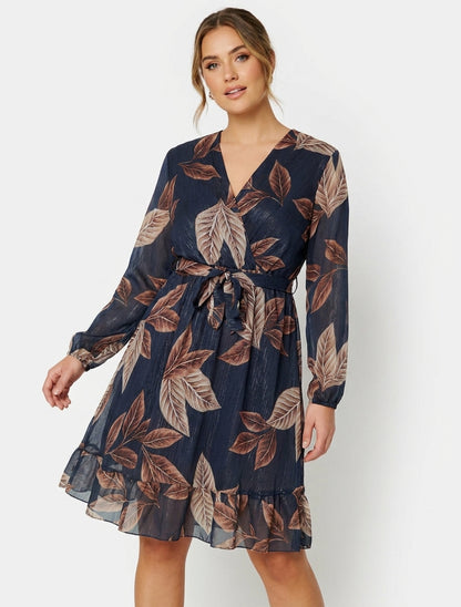 Robe cache-cœur à imprimé feuilles - Bleu nuit