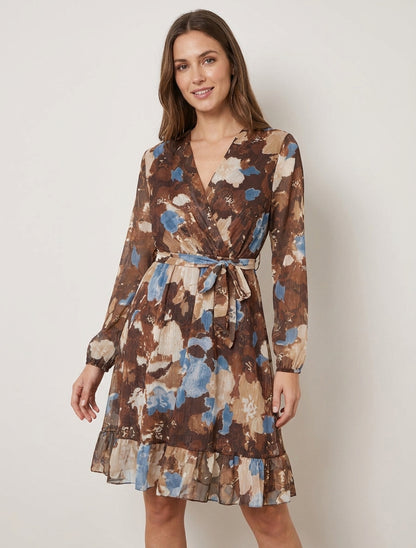 Robe irisée cache-cœur à volants - Marron