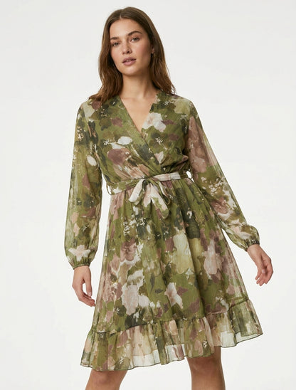 Robe évasée cache-cœur à manches longues - Kaki