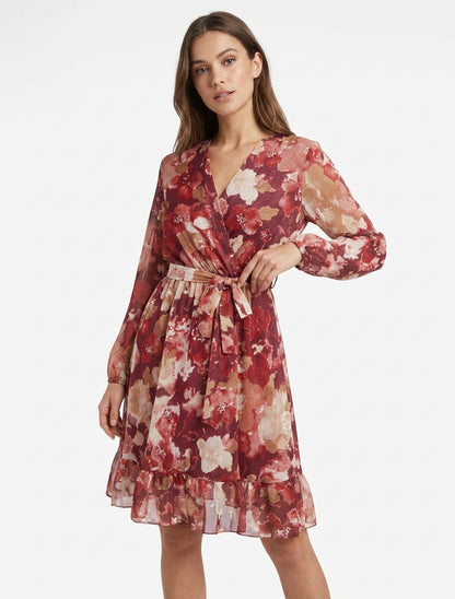 Robe évasée col cache-cœur volantée - Lie de vin