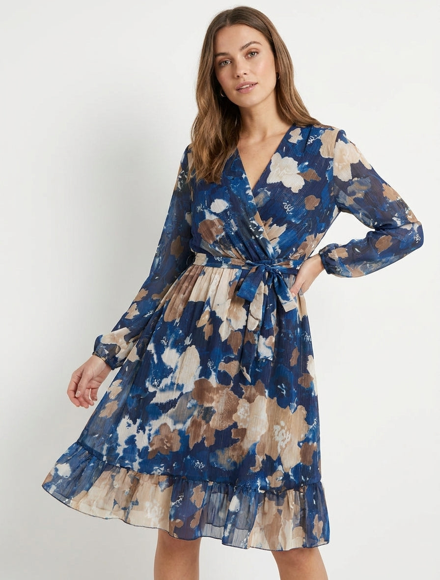 Robe irisée cache-cœur à volants - Marine