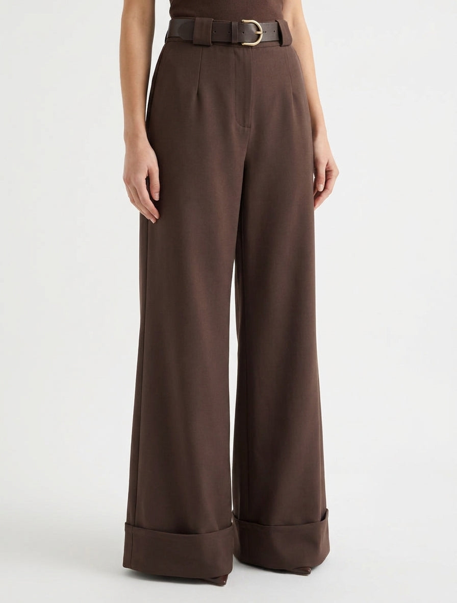Pantalon taille haute avec ceinture - Marron