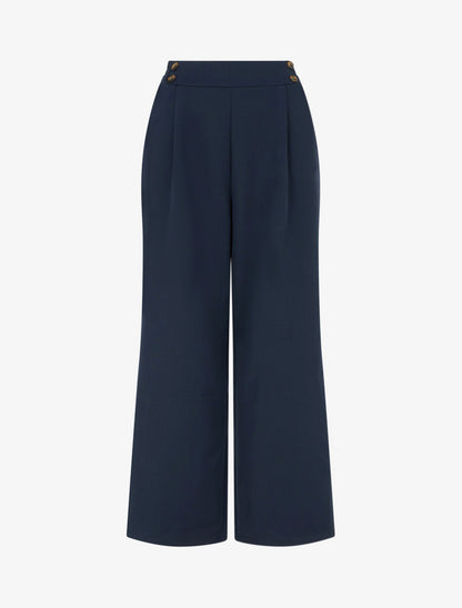Pantalon ample à taille haute à boutons - Marine - 1