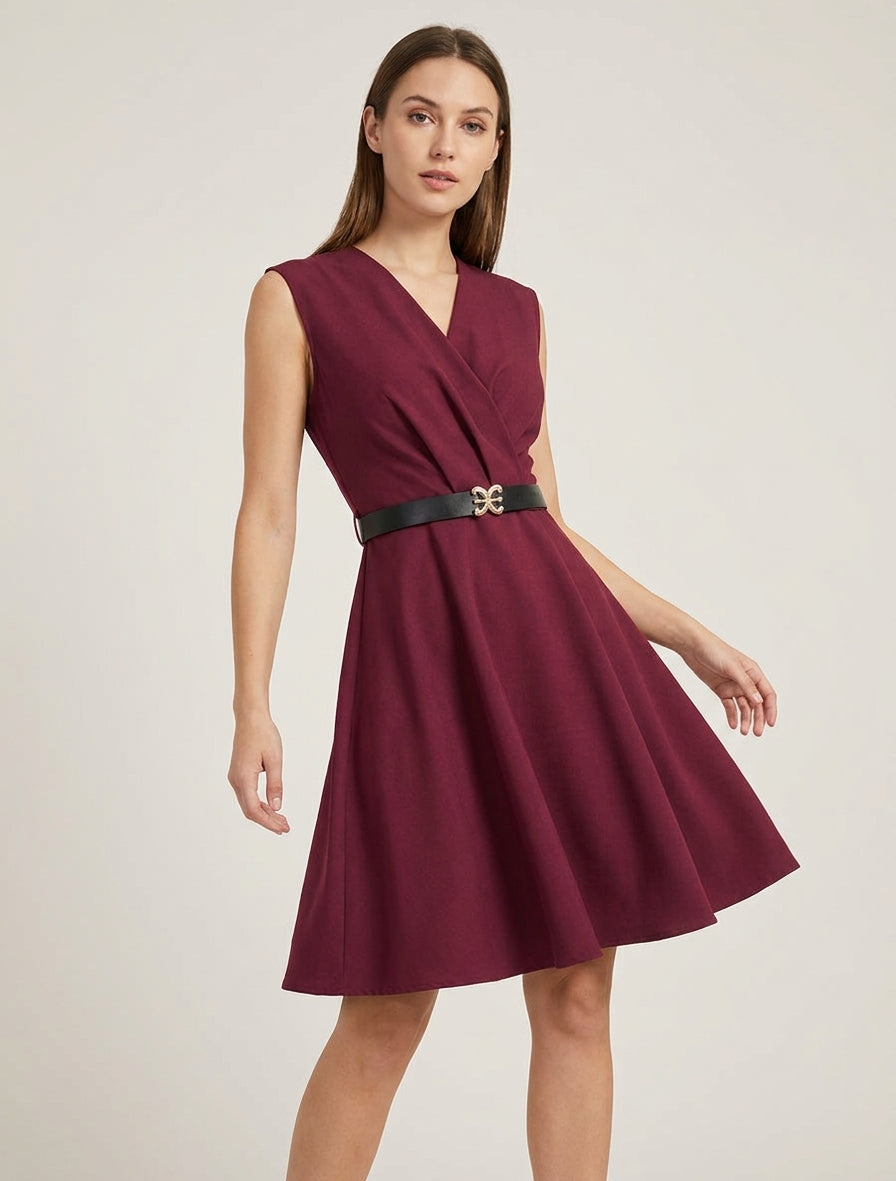 Robe patineuse ceinturée cache-cœur - Lie de vin
