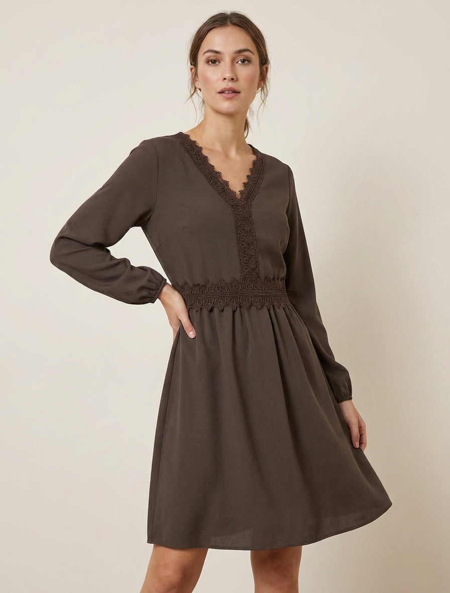 Robe fluide col V dentelle - Marron