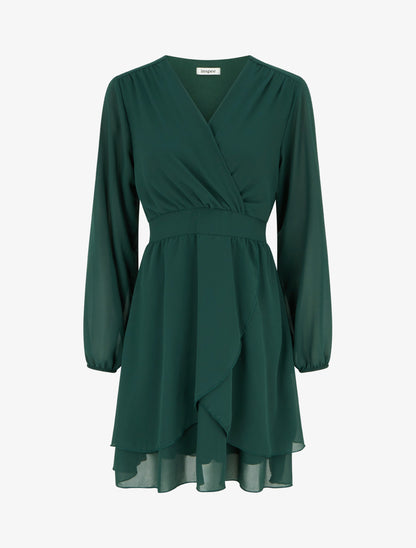 Robe unie style portefeuille à manches longues - Vert foncé - 1