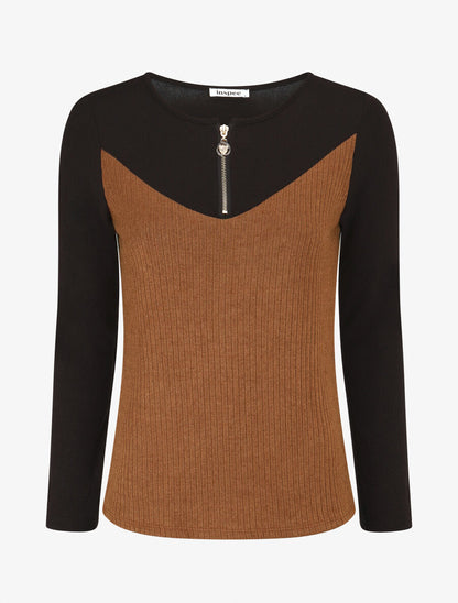 Pull bimatière à encolure zippée - Camel - 4
