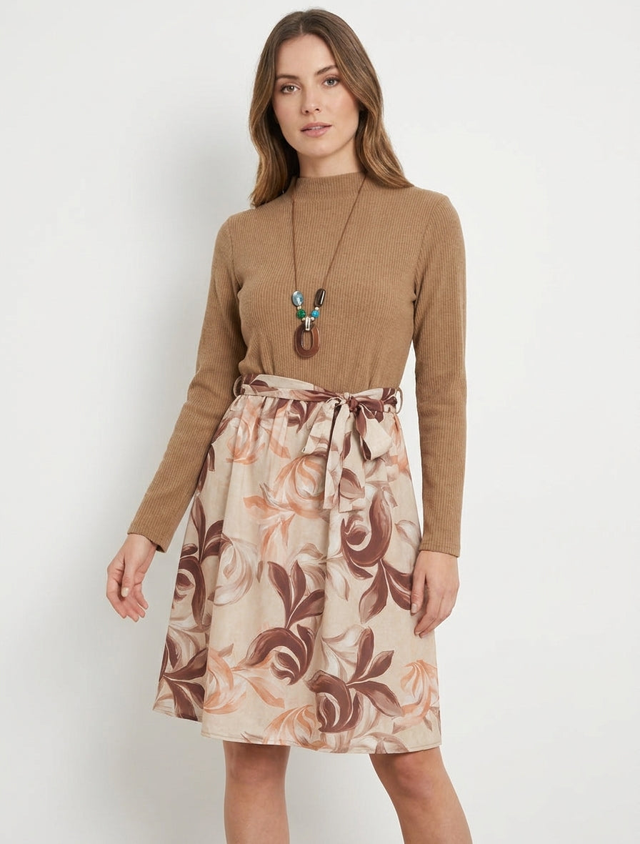 Robe bimatière col montant taille élastiquée - Camel