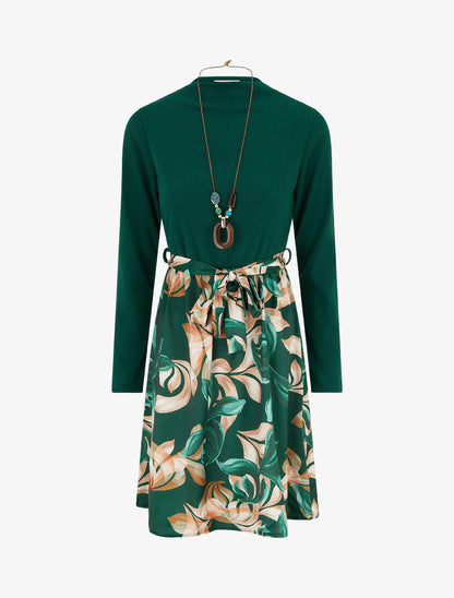 Robe bimatière à imprimé feuillage stylisé - Vert foncé - 1